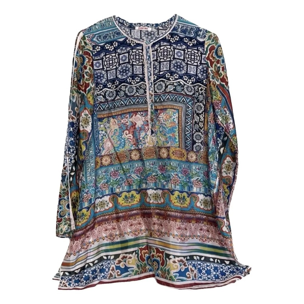 Johnny Was Frame Tunic 100% Silk Size Medium Long Tabbed Sleeves Multi Color